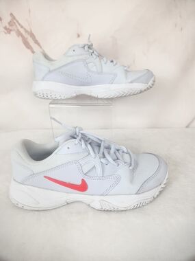 EUC WMNS Nike Court Lite 2 Tennis Shoes (Football Grey/ Bright Crimson/ White)